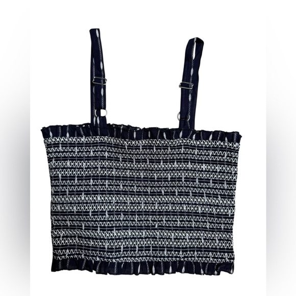 Forever 21 Women’s Smocked Crop Top Small Navy Blue White Patterned Sleeveless - Picture 5 of 6